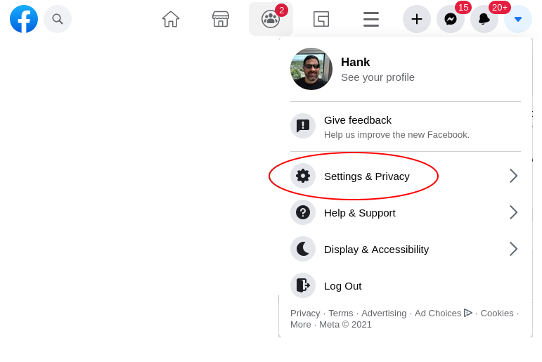 Main Facebook menu bar with Account menu (far right) dropped down and highlights for selecting 'Settings & Privacy' menu.