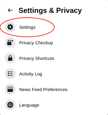'Settings & Privacy' sub-menu with 'Settings' highlighted as next option to click.